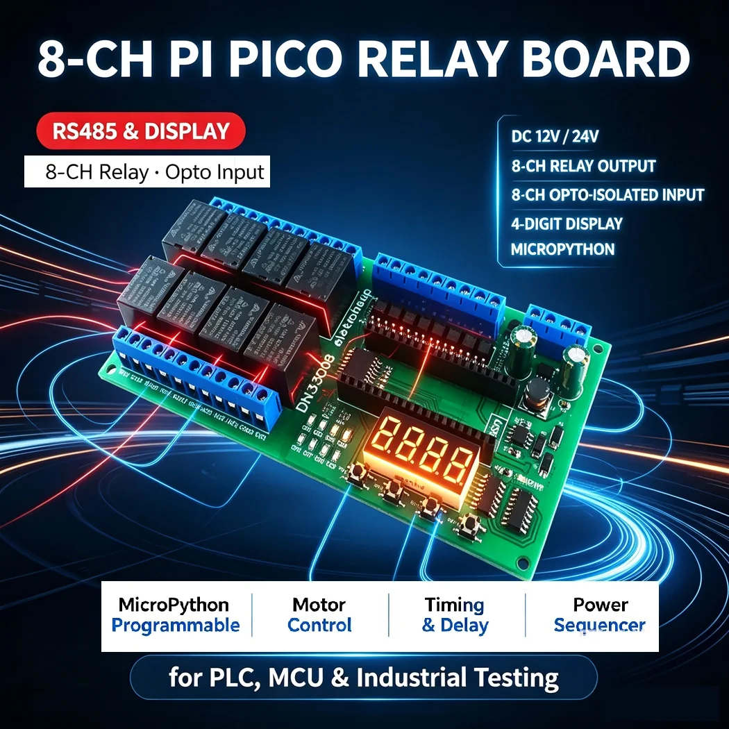 Raspberry Pi Pico Relay Module RS485 8CH Opto-isolated NPN Input 8CH Relay Output 4Bit Digital Tube Power Sequencer