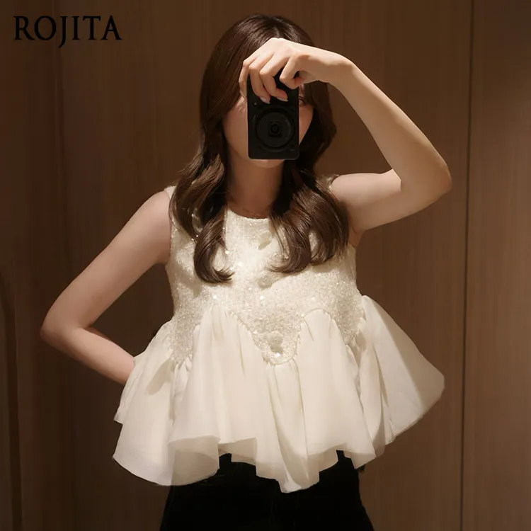French Elegance Sequined Tweed Vest Women 2026 New Light and Flexible Ruffle-edged Irregular Sleeveless Blouse