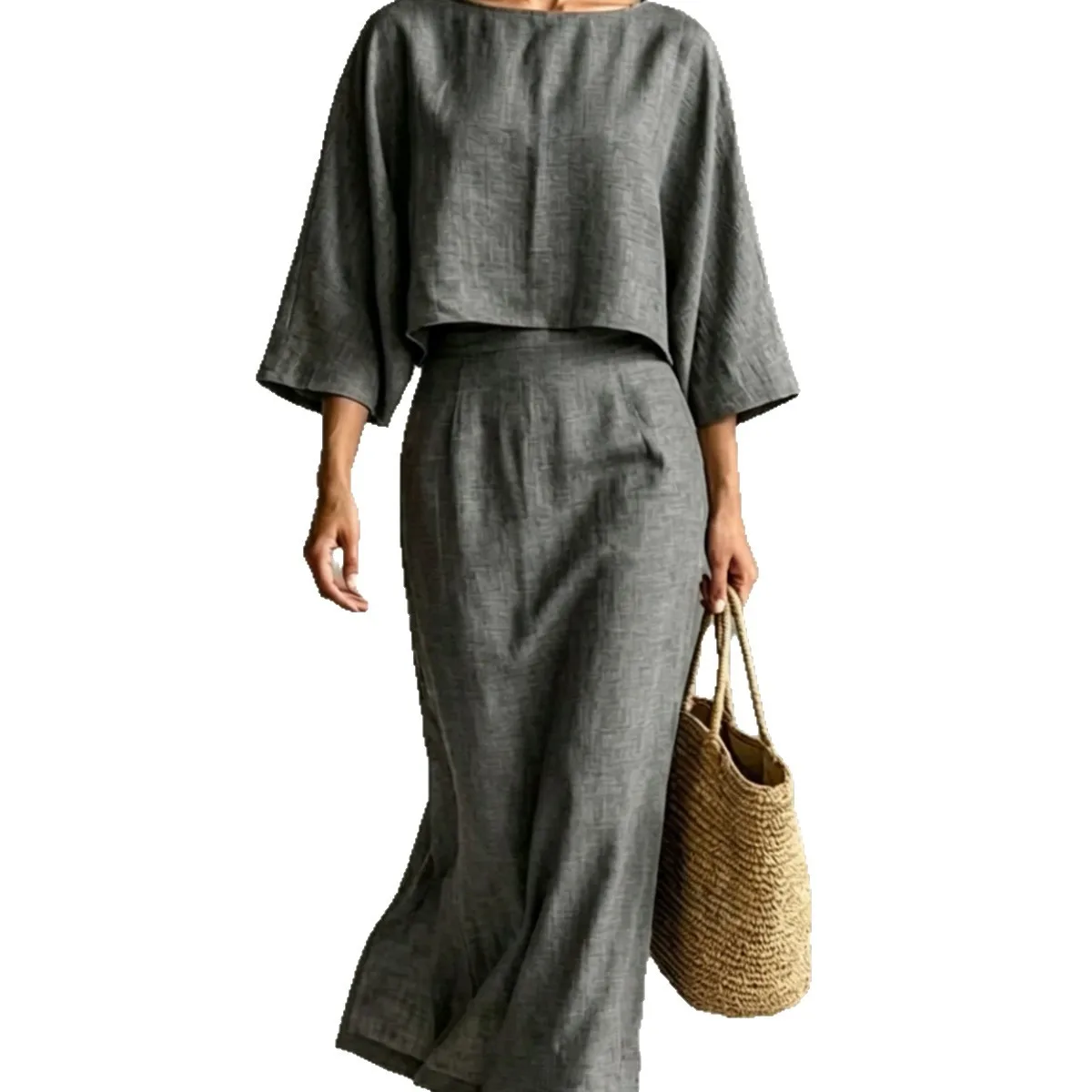Women 2 Piece Outfit Sets Solid Casual Loose Top High Waist Midi Skirt Matching Suit Elegant Office Holiday Two Piece Skirt Set image 4