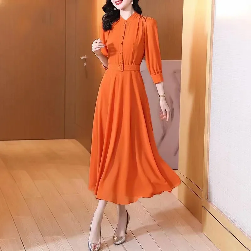 Dress Women Casual Vintage Three-Quarters Sleeve Summer Dress High Quality Vestidos Boho Style Ladies Party Mid Long Dress 2025