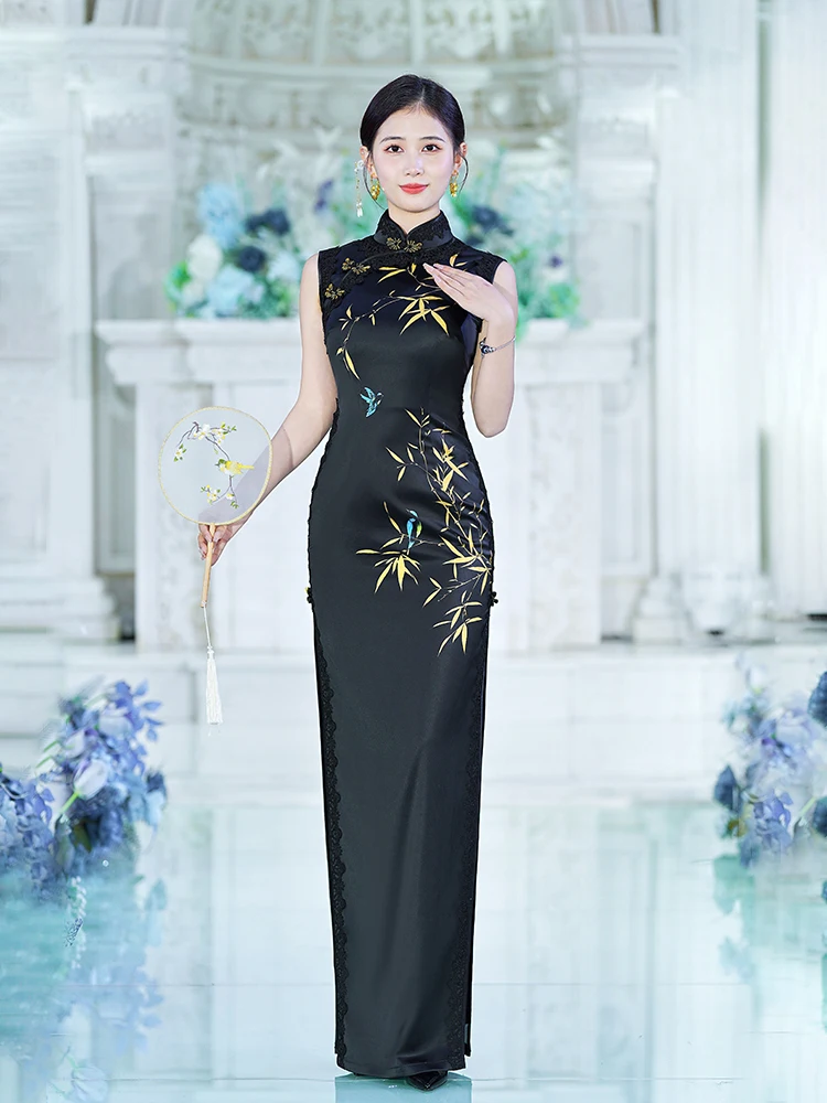 

Длинное сценическое платье Ele для выступлений, осенне-зимнее, женское, модное, с высоким разрезом, в стиле ретро, из полиэстера и спандекса