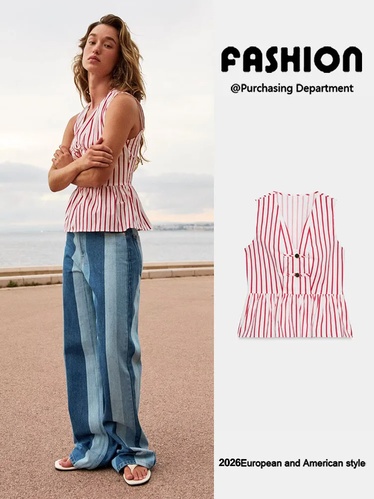 Summer New Women's Sleeveless V-neck Striped Top Rope Knot Decoration All-matching ZA2026 Slim Fit Regular Length
