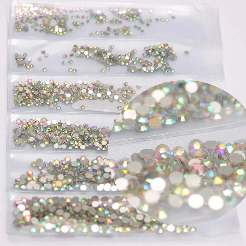 Crystal AB Mix Size Flat Back Glass Beads Non Hotfix Rhinestones Shiny Nail Charms Decorations Supplies Crystals For DIY Crafts