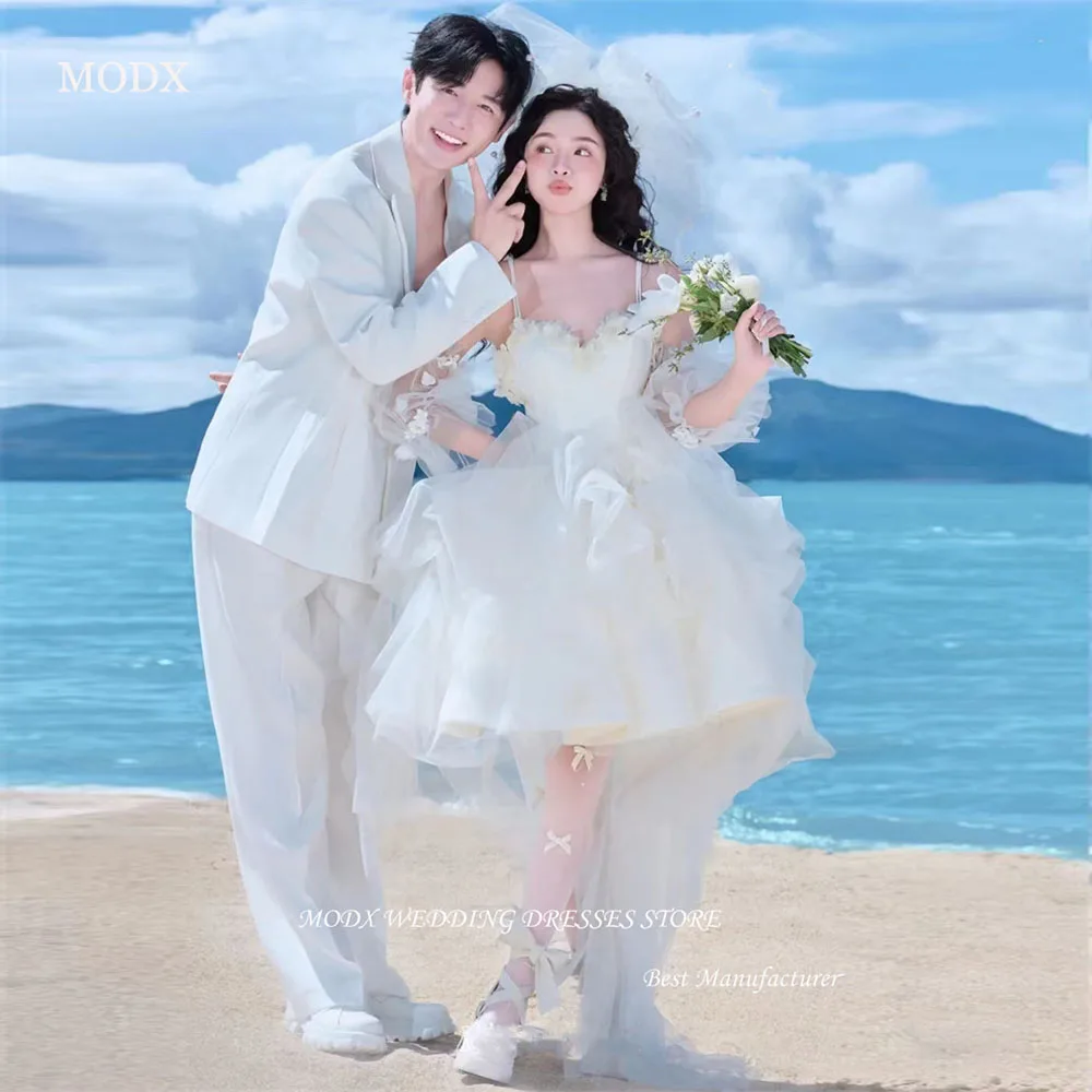 MODX الأميرة فساتين زفاف قصيرة كوريا التقطت الصور السباغيتي الأشرطة الحبيب رقيق زي العرائس نفخة الأكمام فستان عروس