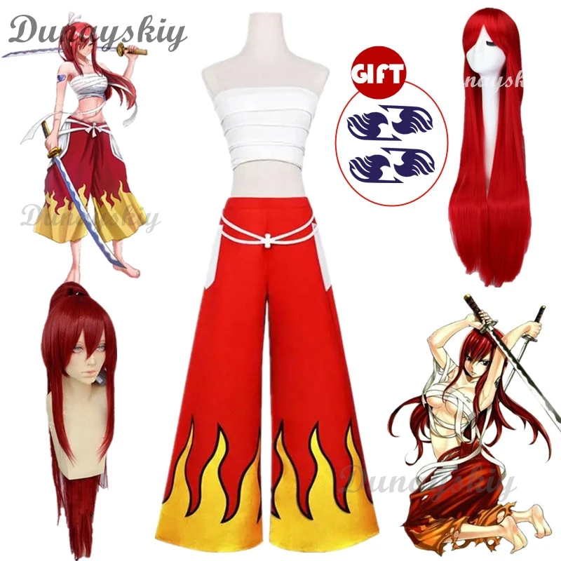 

Anime Cosplay Women Japanese Erza Scarlet Cosplay Costume Pants White Tube Tops Red Cool Set Dark Blue Tail Tattoo Sticker