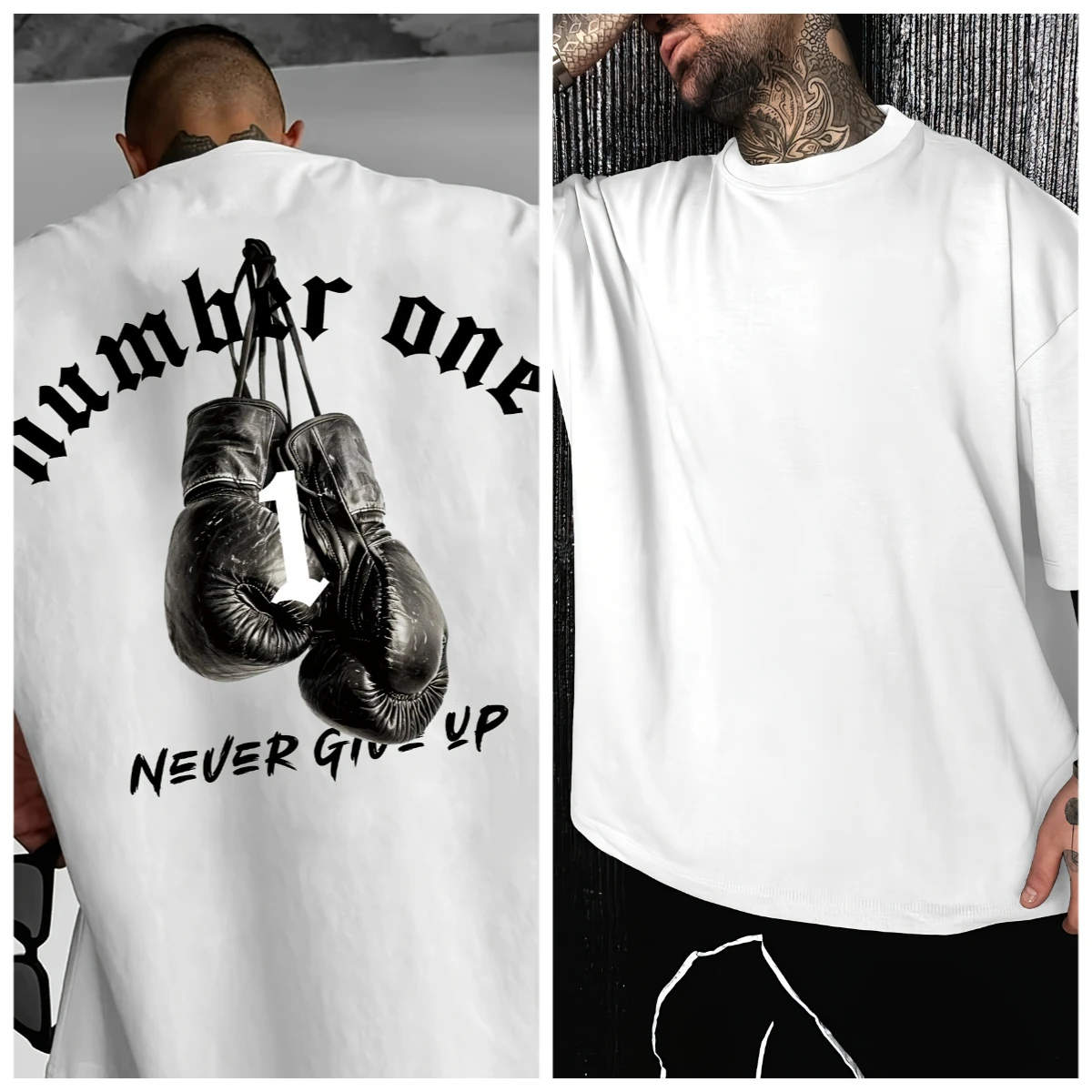 2026 Unisex White Oversized Gym Tee, Back Graphic With Retro Hanging Boxing Gloves And Motivational Quote Short Sleeve