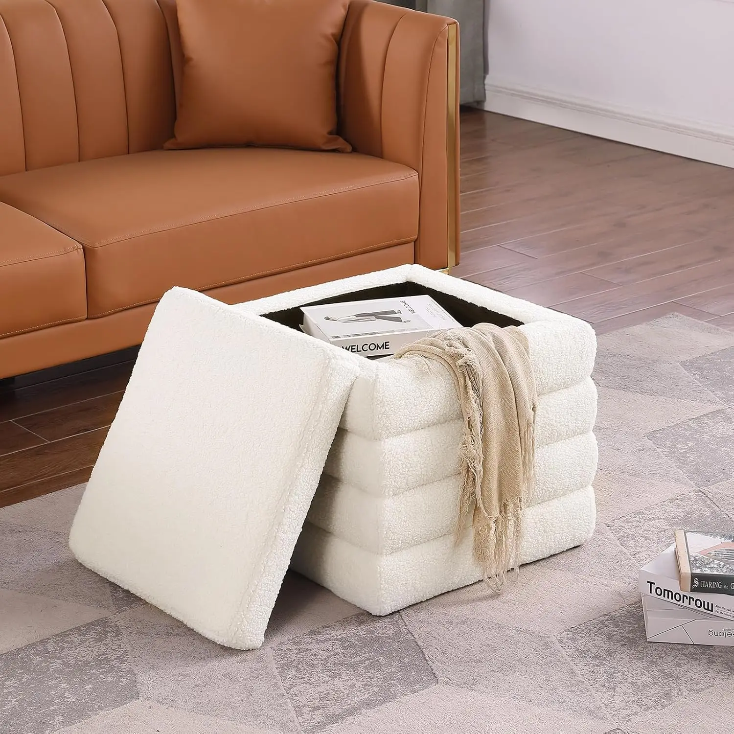 

Teddy Square Ottoman White Small Storage Ottoman Cube Ottoman For Living Room Sherpa Foot Stool Boucle Vanity Stool With