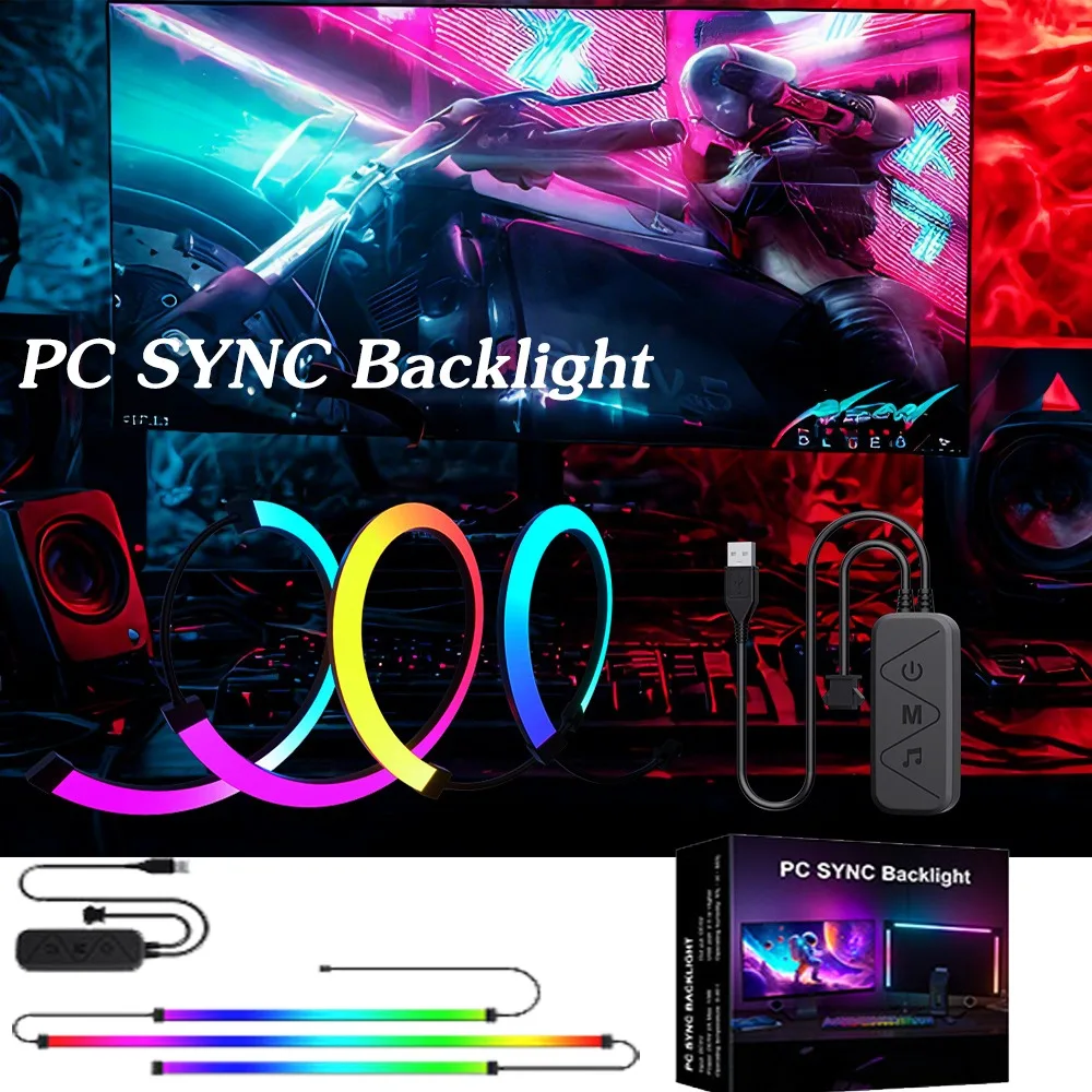

DC5V USB RGBIC PC Display Синхронизация Компьютерный монитор Подсветка Светодиодная лента Smart Softwave Control Декор игровой комнаты для 24-34 дюймов