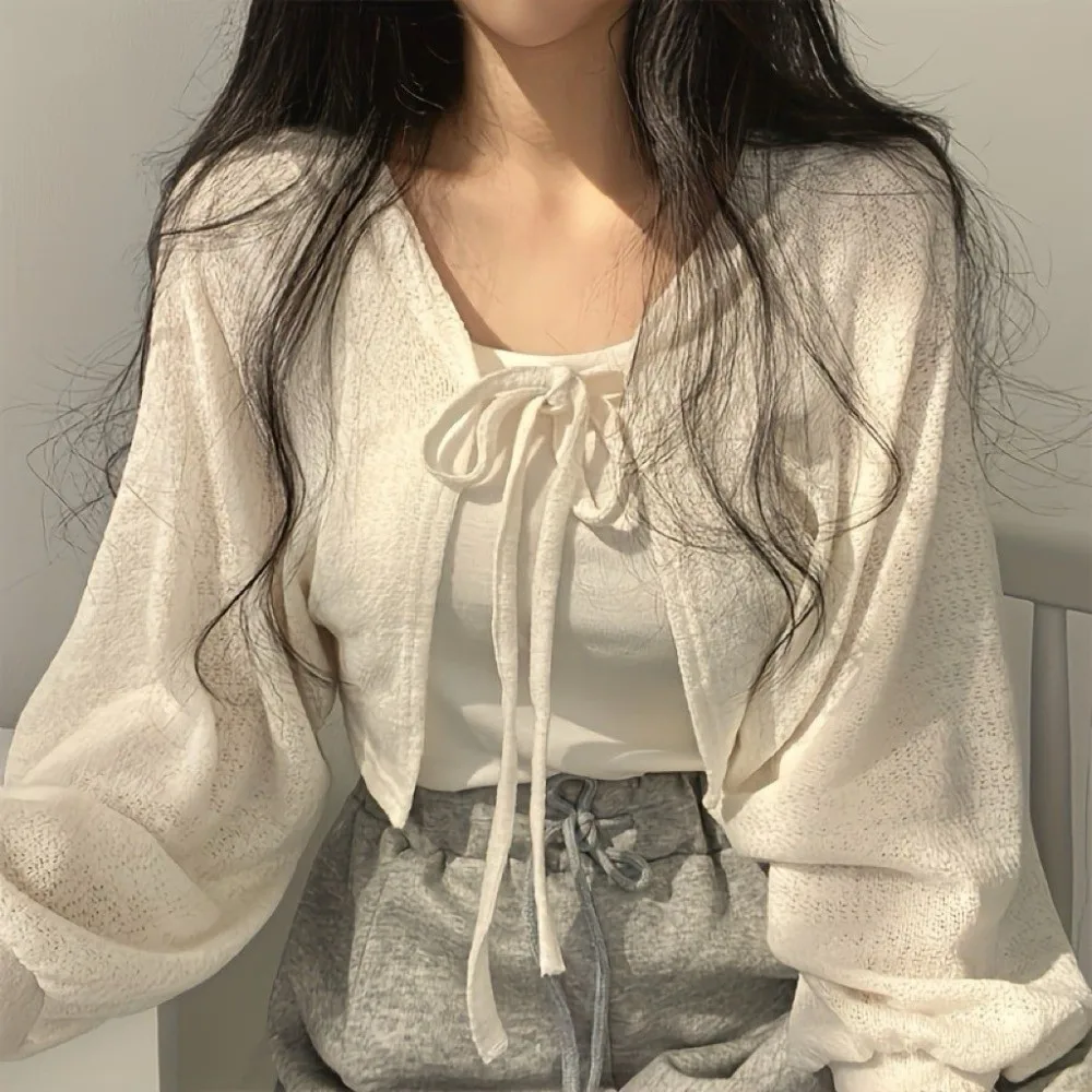 Casual Korean Style Knitted Cardigan Short Lantern Sleeve Raglan Sleeve Knitwear Tops Thin Lace-Up Sweater Shawl Spring Autumn