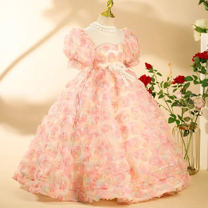 Evening Party Gala Teenage Royal Grad Night Dress Infant VestidoDresses for Girls Children Clothes 3D Flowers Beading Ball Gown