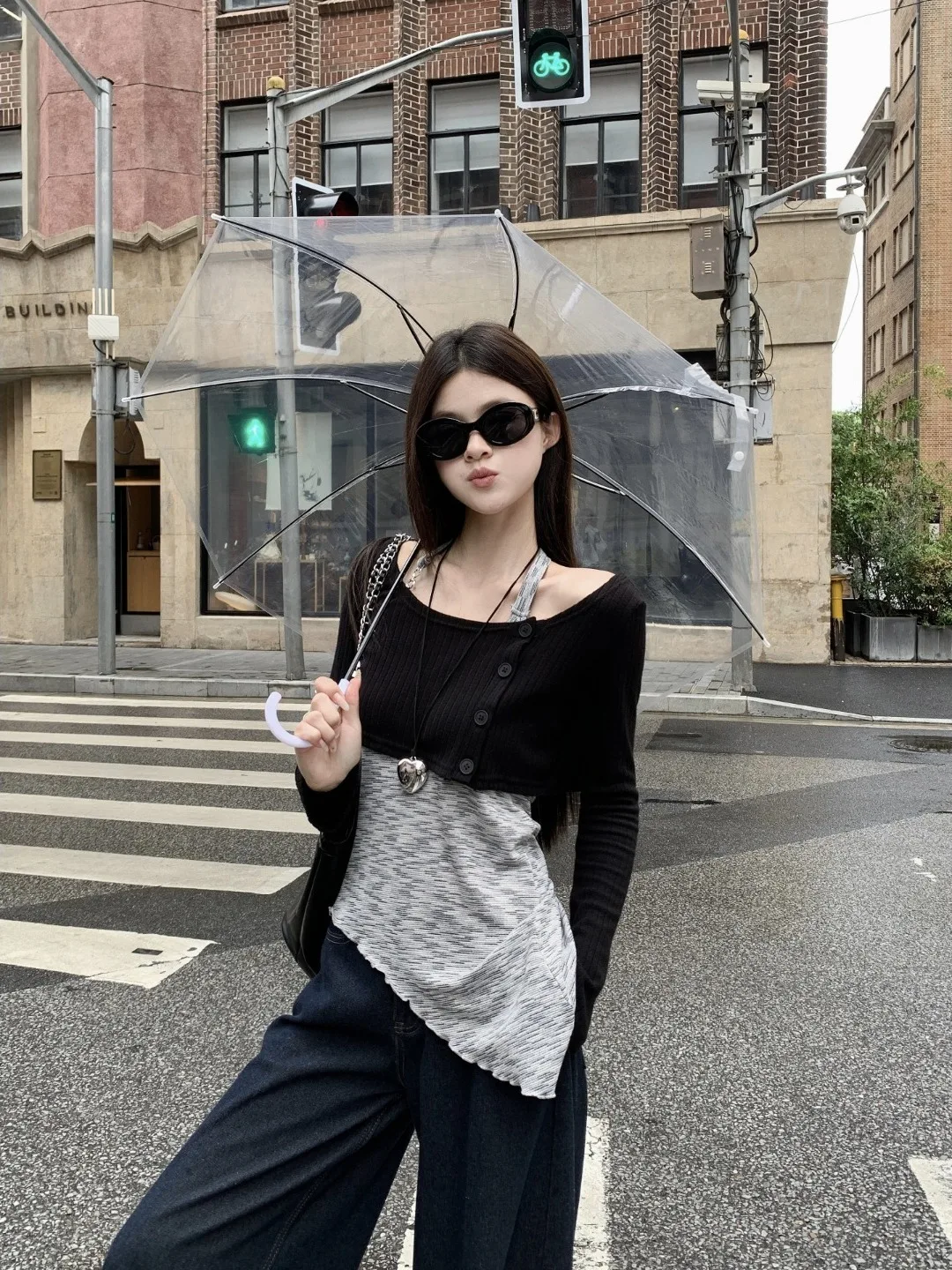 

Spicy Girl Style Long Sleeve Button up Women's Fashion Set Spring 2026 Asymmetric Design Short Length round Neck Cardigan