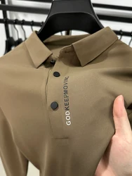 High-end Autumn Trend Men's Seamless Elastic Business Casual Polo Shirt Printed Long-sleeved Fashion Lapel T-shirt Versatile
