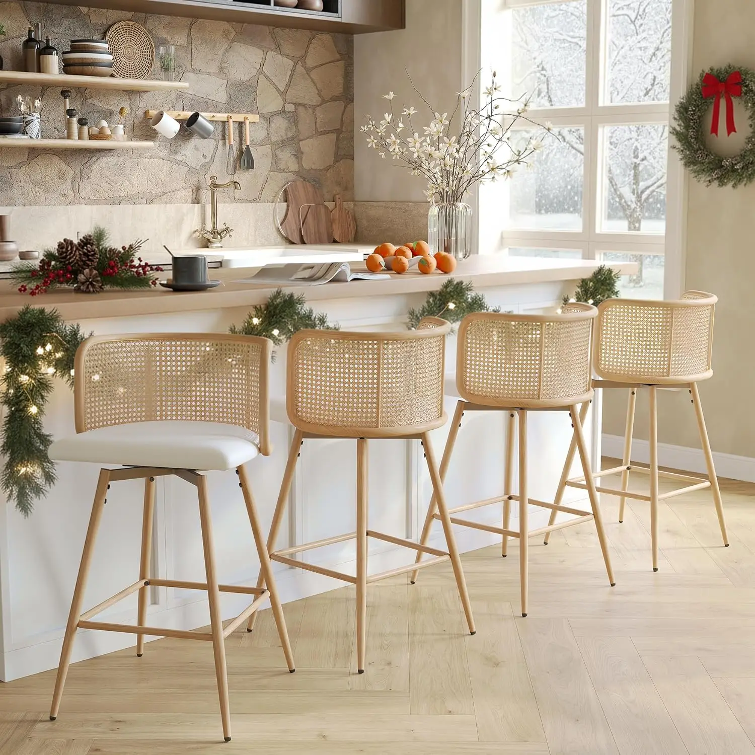 

Swivel Bar Stools Set Of 4, 26” Counter Height Stools With Natural Rattan Woven Back And Faux Leather Seat,, Customized