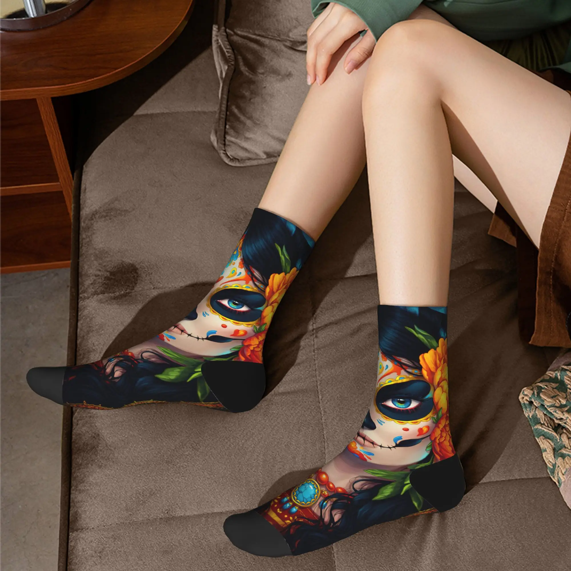 ฤดูหนาวผู้ชายที่มีสีสันอบอุ่นผู้หญิงกะโหลกศีรษะน้ําตาลฮาโลวีนถุงเท้า Santa Muerte เหงื่อดูดซับถุงเท้าฟุตบอล