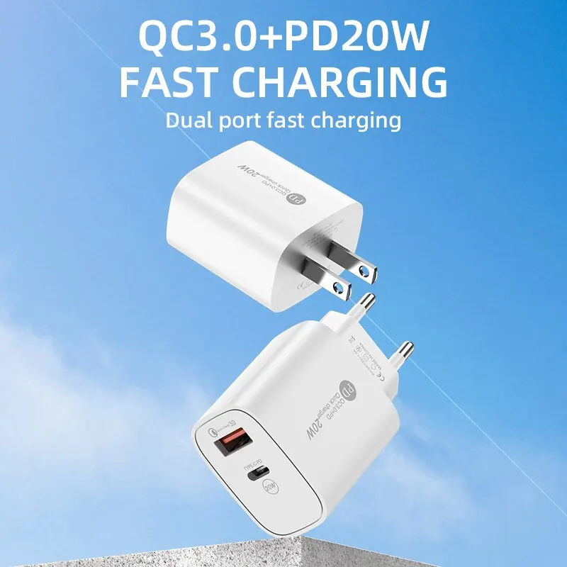 20W Dual Port USB C Charger PD QC3.0 Type C Fast Charging Wall Plug for iPhone 16 Samsung S24 Xiaomi Huawei EU US Travel Adapter