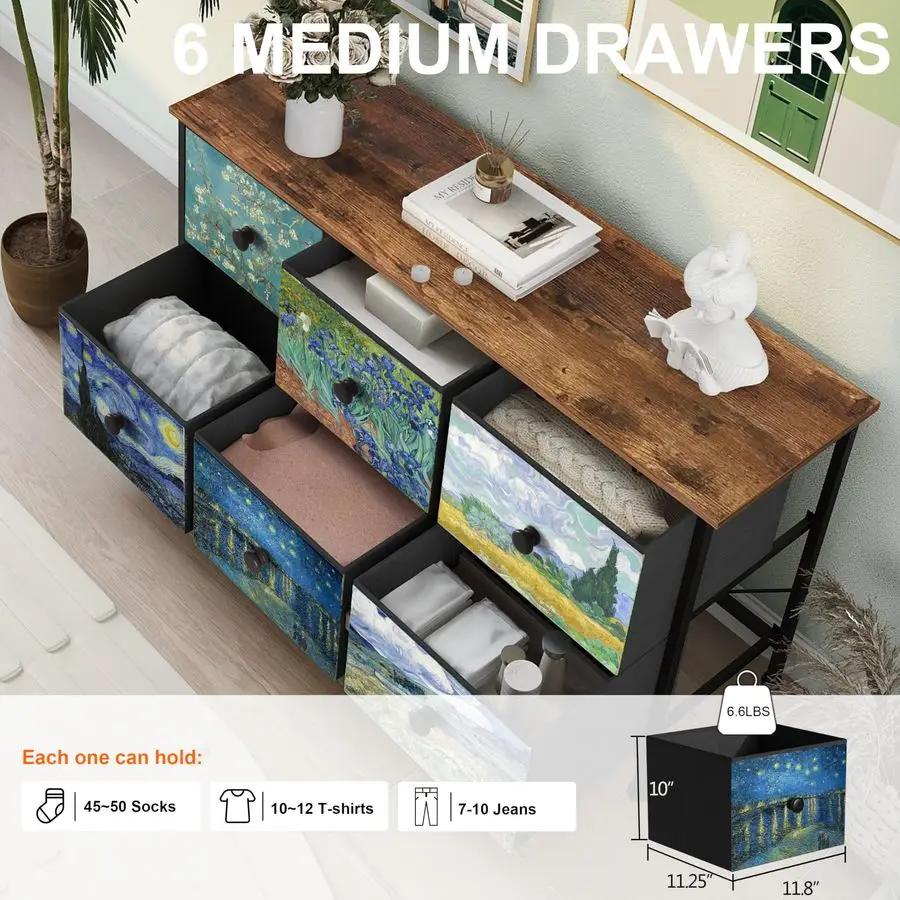 6-lade dressoir voor slaapkamer Van Gogh ladekast Brede tv-standaard Stoffen opberglade voor woonkamer Ingang Kast