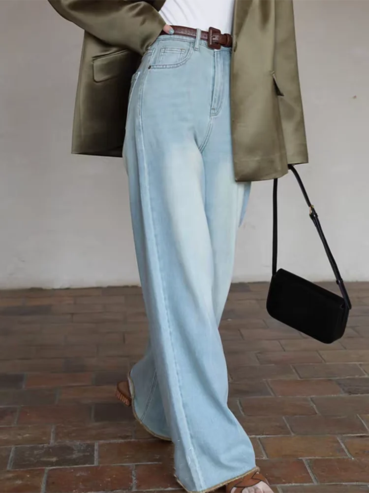 

New Retro Distressed High Waist Women Jeans Slim Casual Fashion Street Woman Jeans Light Blue Simple Basic Straight Pants Female