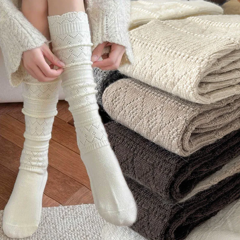 

Harajuku вязаные полые носки-ботинки, длинные хлопковые чулки с ворсом, женские носки-ботинки для девочек, весенне-осенние длинные носки-трубы, связанные крючком