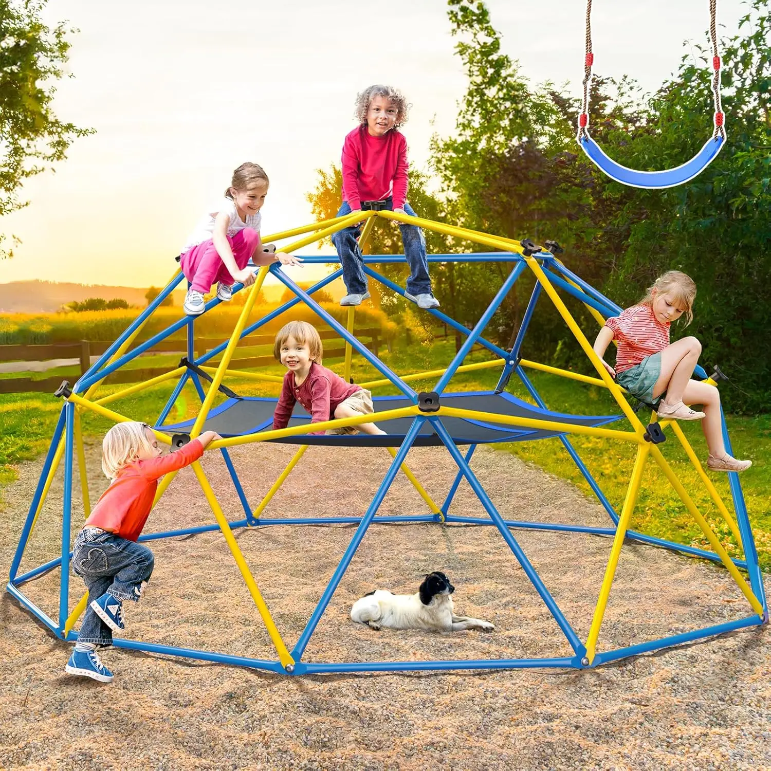 Climbing Dome with Hammock and Swing, Outdoor Play Equipment with Monkey Bars for Kids 3-12, Supports