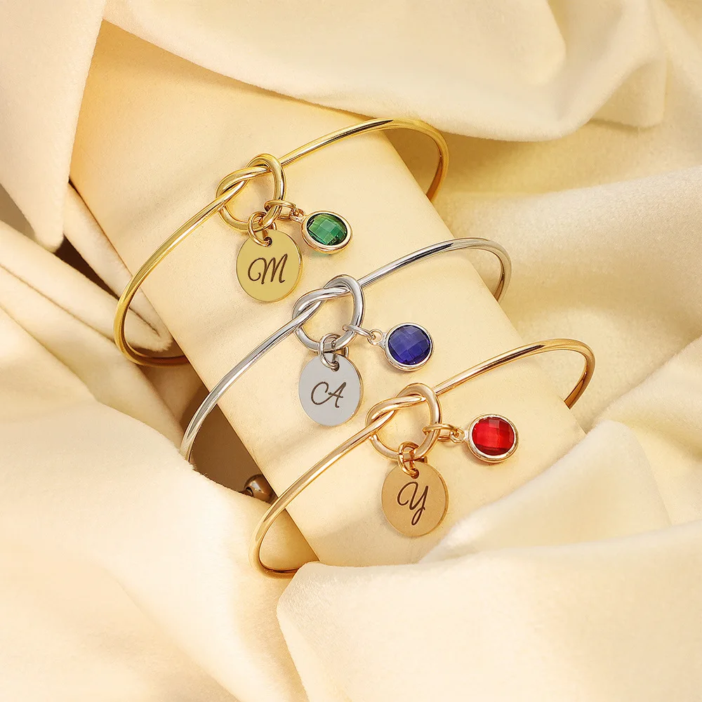 12 Colors Birthstone Optional 2mm Stainless Steel Heart Knot Bangle Capital Letter Bracelet Set Fashion Jewelry for Women