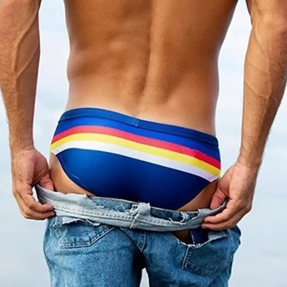 Slim Fit Quick Drying High Elasticity Swimming Trunks Low Rise Striped Print Men Swimming Briefs for Vacation Men Beach Shorts