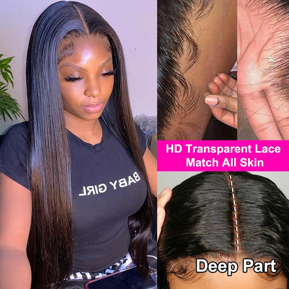 Peluca de cabello humano liso para mujeres negras, postizo de encaje Frontal transparente HD, 30, 34 pulgadas, 13x6, Remy brasileño, 13x4, predesplumada