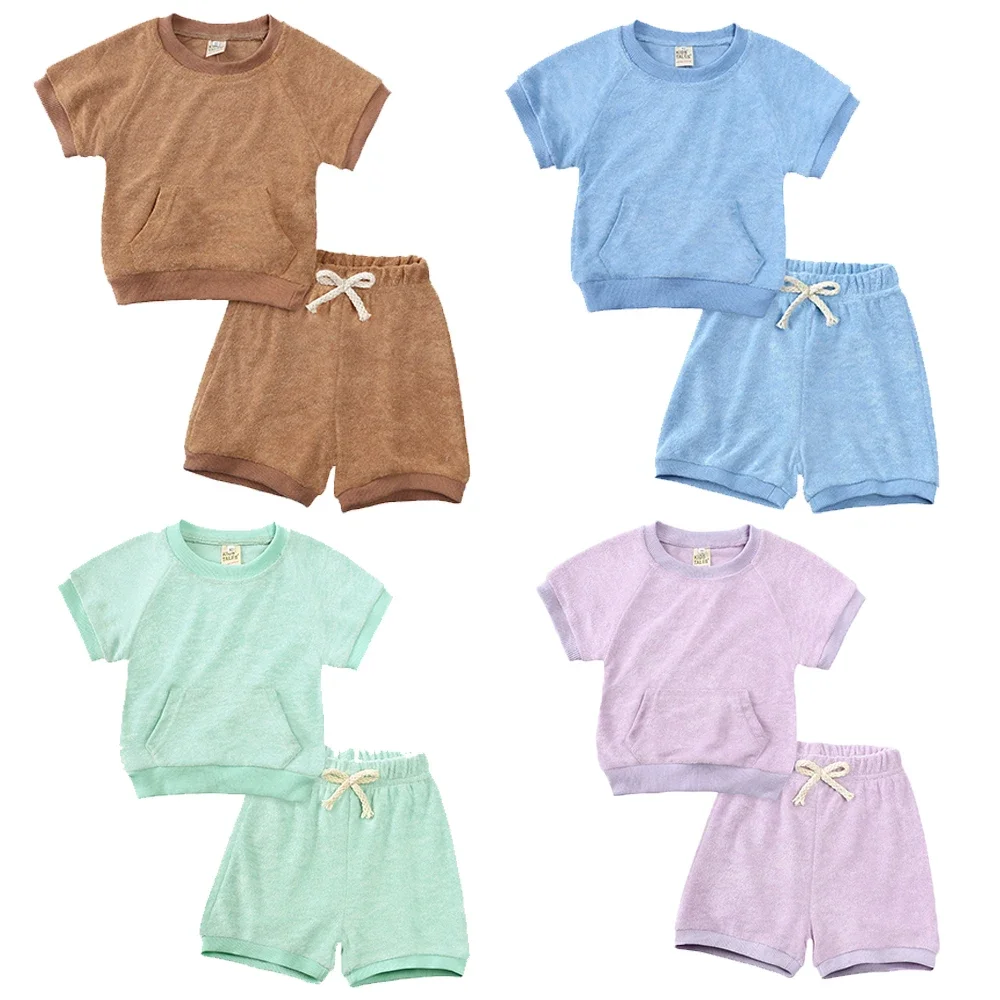 

2025 Spring Autumn Kids Outfits Solid Terry Cloth T-shirt+Shorts Clothes Summer Boy Girl Korean Tracksuit For 9M-5T Infant Set