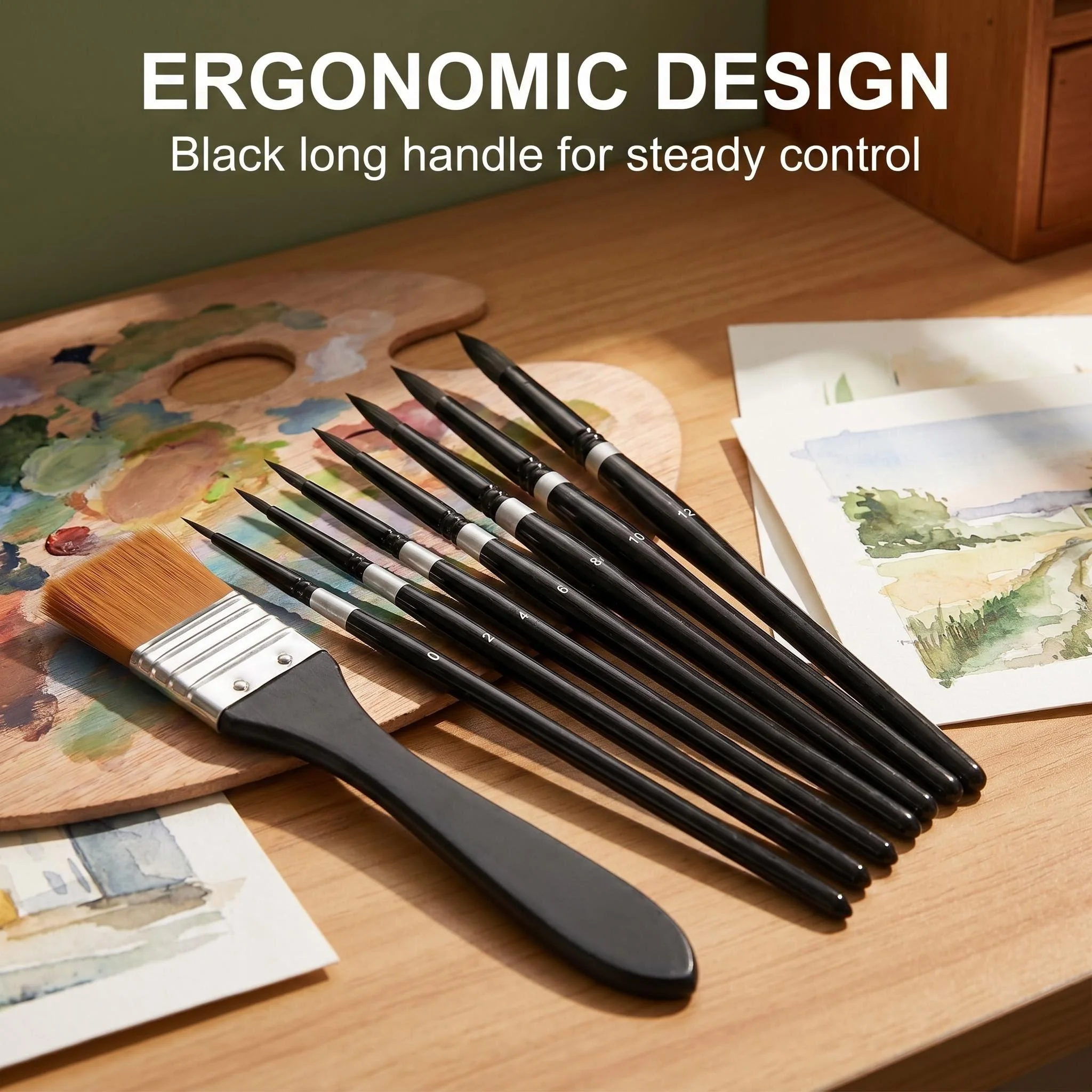 8pcs Nylon Brush Set, Various Sizes of Black Long Handle Elastic Bristles, Suitable for Students and Beginners - Art Supplies