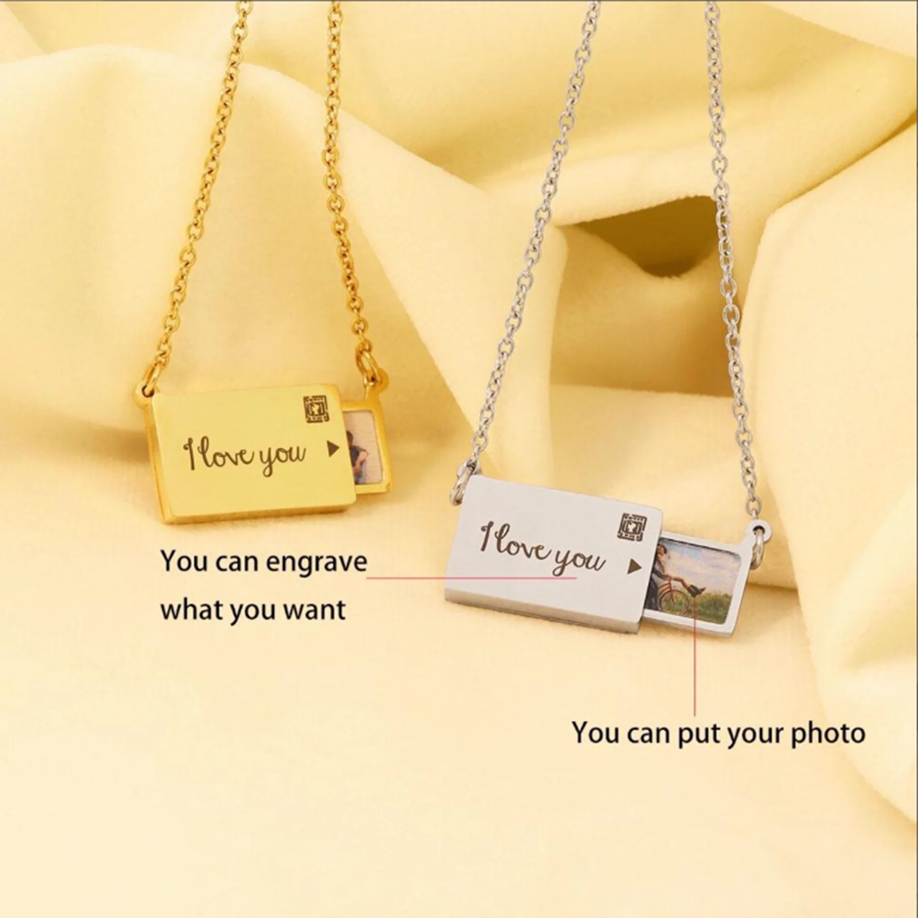 شخصية المغلف سحب التدريجي صورة قلادة الفولاذ المقاوم للصدأ المنجد قلادة لصديق العائلة مخصص نقش المجوهرات التذكارية