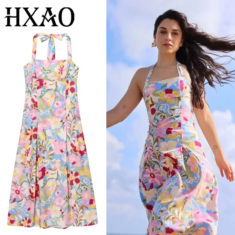 HXAO Print Gebloemde Jurk Vrouw Zomer Halter Strand Lange Jurken Corset Backless Sexy Nieuw In Jurken Mouwloze Slip Midi Jurk