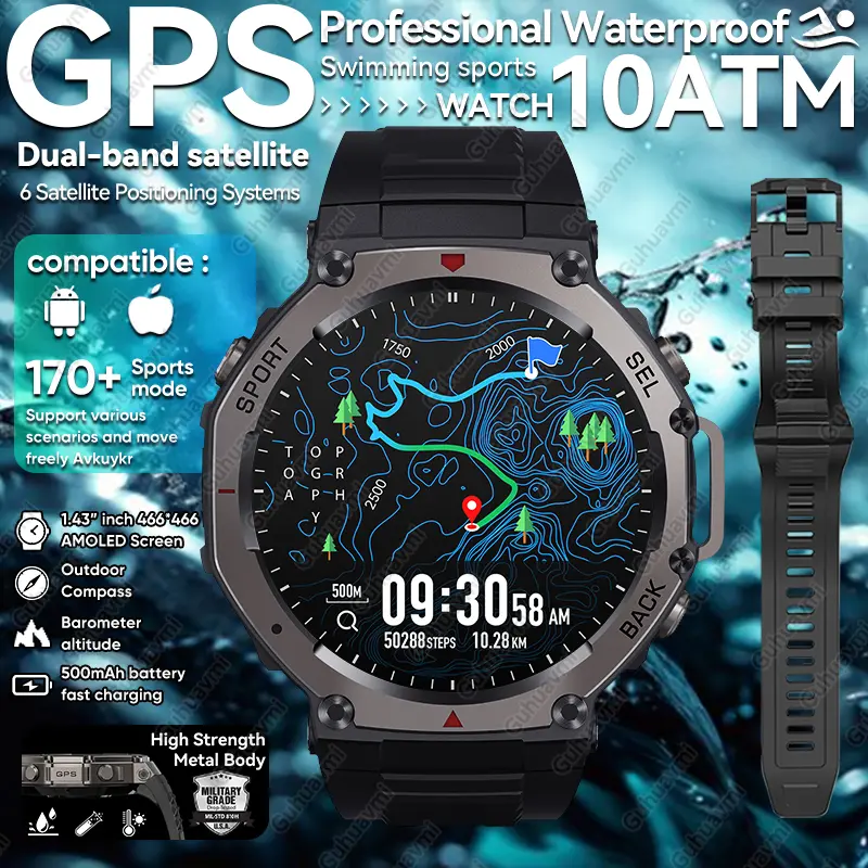 T-rex 3 ultra gps relógio inteligente 5 atm à prova dwaterproof água embutido banda dupla gnss bússola militar esporte smartwatch masculino 2025 novo para xiaomi