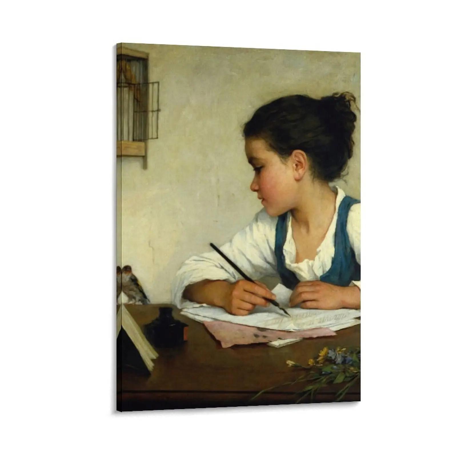 A Girl Writing - The Pet Goldfinch, 1870 by Browne Canvas Painting anime room decor Decorative paintings canvas wall art