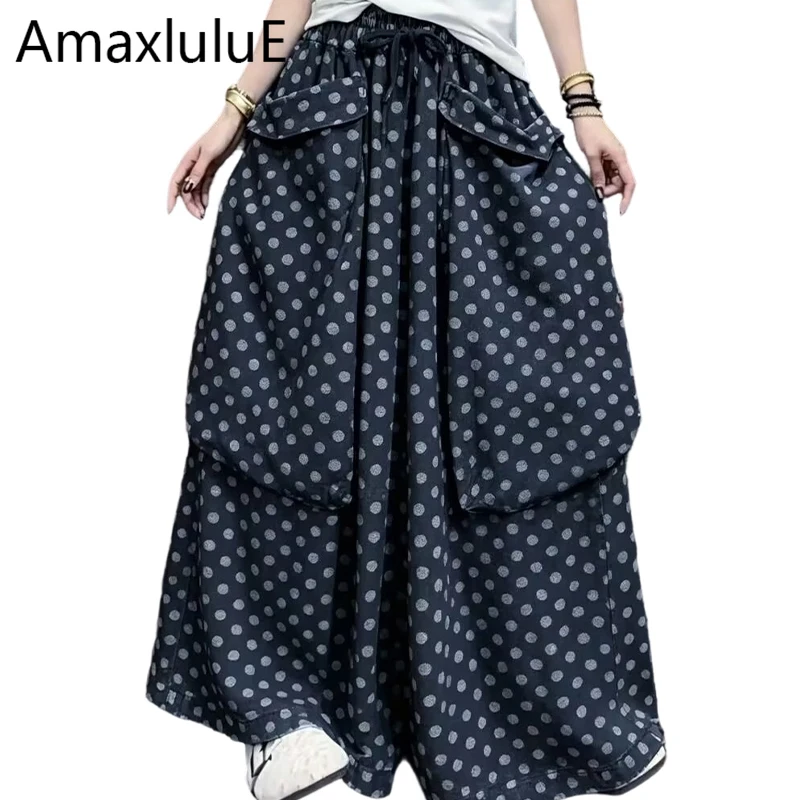 Amax LuluE 2026 Fall Womens Fashion Dot Design Denim Wide Leg Pants Loose Vintage Jeans Ladies Classic Casual Oversized Trousers
