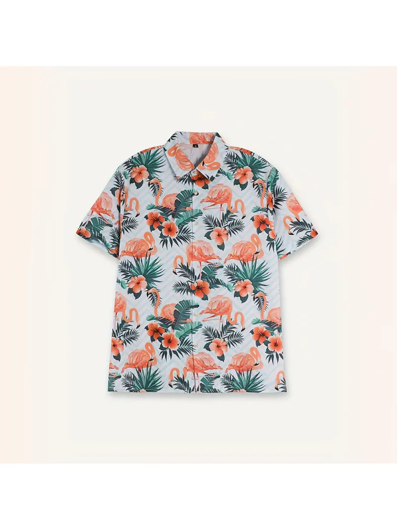 Men's Short Sleeve Shirt Flamingo and Flower Print Jacket Summer Casual Comfortable Loose Seaside Vacation Button Down Shirt