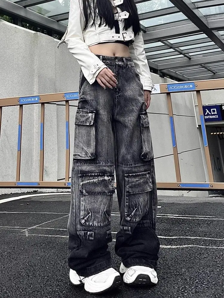 Trashy Y2K 2000S Streetwear Lavato Nero Baggy Cargo Jeans Pantaloni Per Le Donne 90S Abbigliamento Vintage Gamba Larga Hip Hop Lady Pantaloni