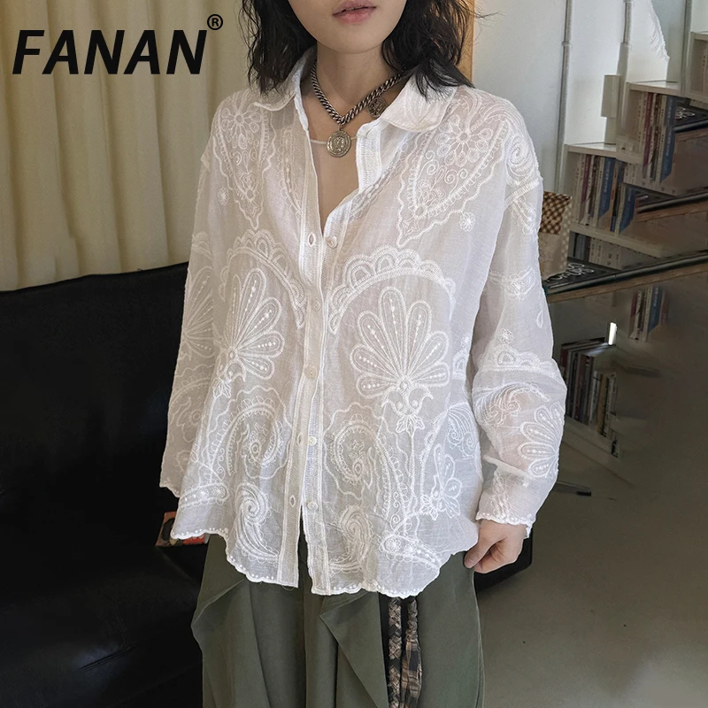 

FANAN Spring Summer New French Style Elegant Embroidered Paisley Pattern Cardigan Shirt Lightweight Sheer Top For Women Clothing