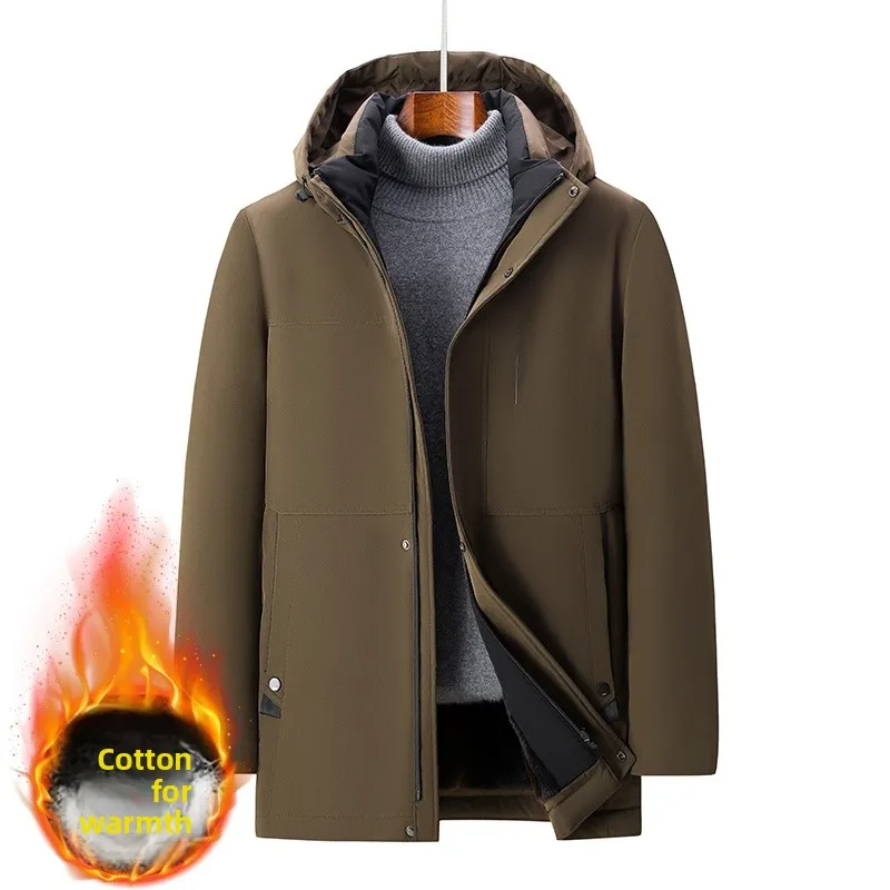 

Мужская утепленная хлопковая куртка с капюшоном, однотонная, свободного кроя, теплая зимняя куртка, городская мода, средней длины, из полиэфирного волокна