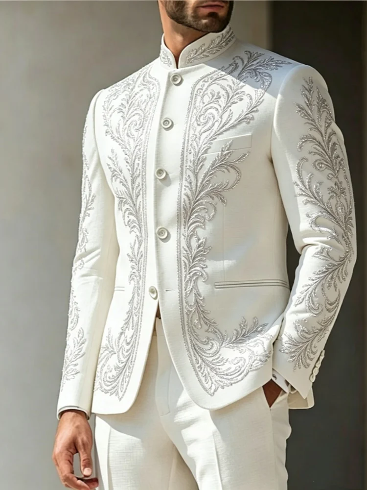 Mens Slim Fit Stand Collar Blazer White with Silver Baroque Floral Vine Print Outerwear