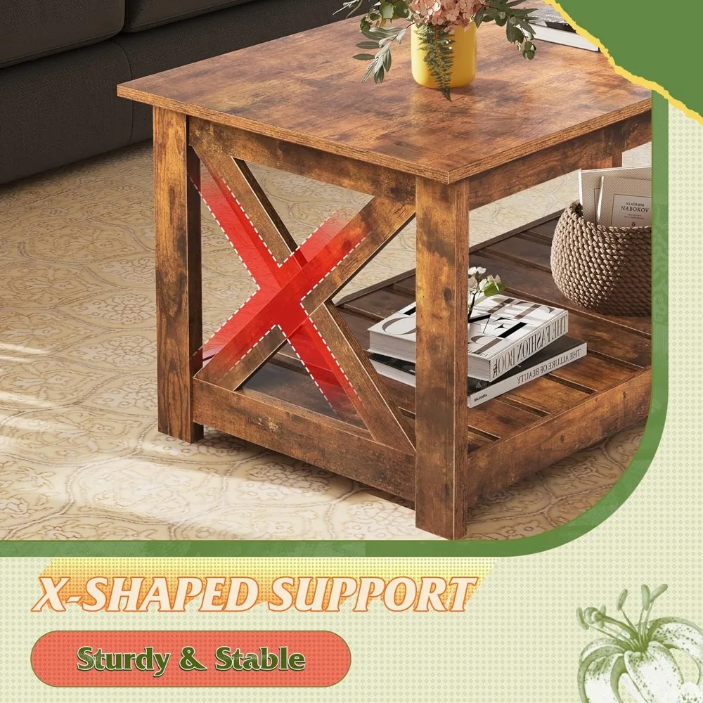 Mesa de centro, mesa de centro de granja 40.1 con estante de almacenamiento de láminas y marco en forma de X, mesa central de madera de 2 niveles para sala de estar