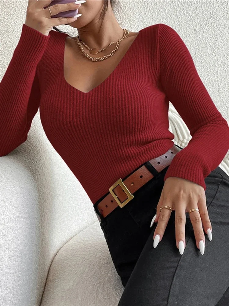 자그로스 여성용 2025 가을 겨울 솔리드 리브 니트 브이넥 스트라이프 풀오버 Y2K 긴팔 패션 탑