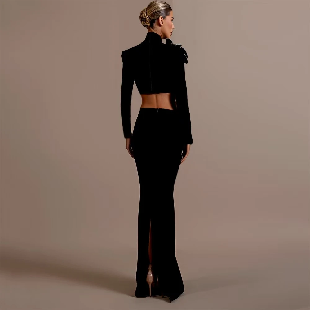 Hot Selling Fashion Women Half High Neck Long Sleeved Floral Diamond Short top&Hip Wrapped Skirt Black Bandage Two-piece Sets