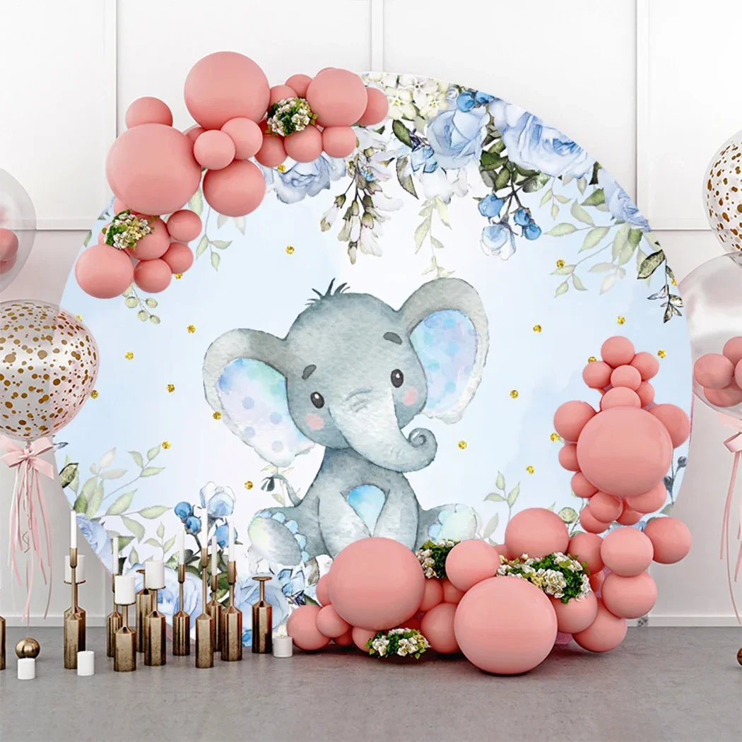 Tableclothsfactory Elephant Round Backdrop Baby Shower Boy Girl Birthday Party Pink Blue Flower Cute Circle Fabric Cover