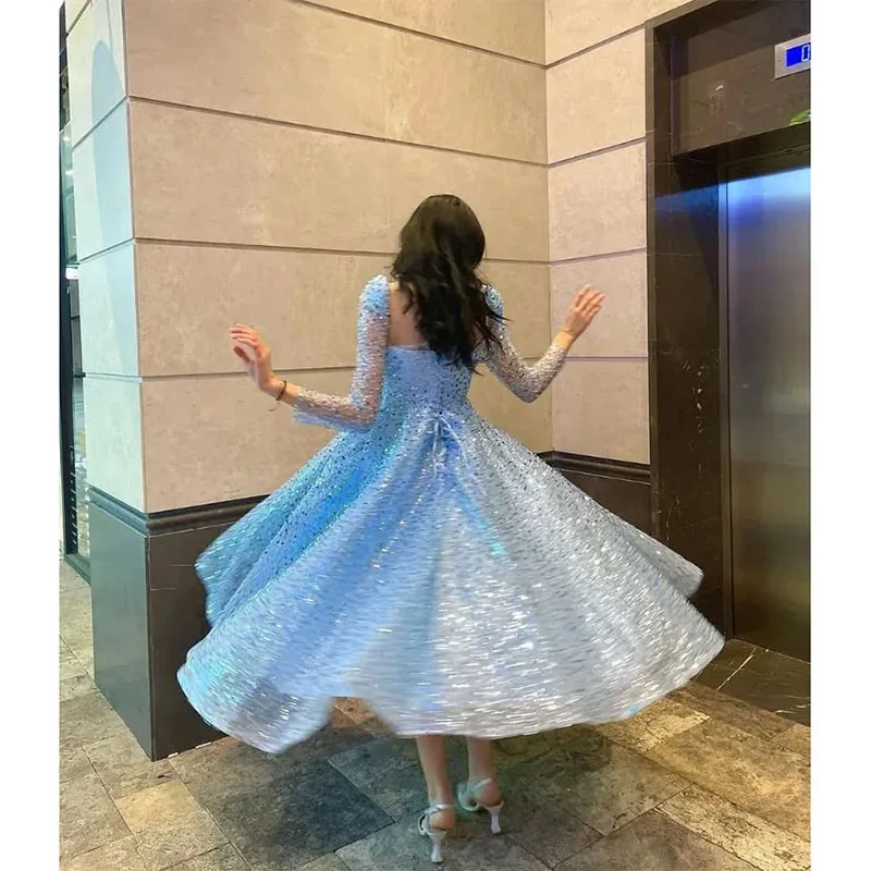 Ocean Blue A Line Evening Dresses Glitter Sequined Prom Gowns 3/4 Sleeves Ankle Length Party gowns Lace-Up Club Banquet Dress