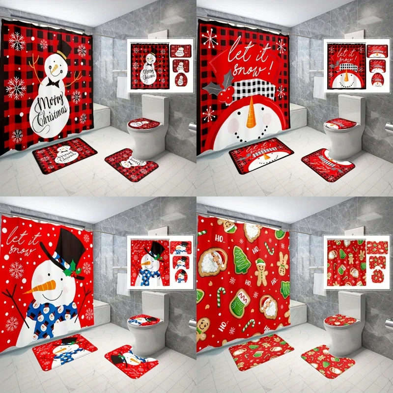 4pcs Christmas Snowman Plaid Shower Curtain Set, Decorative Bathroom Set Including Waterproof Shower Curtain, Non-Slip Carpet, T