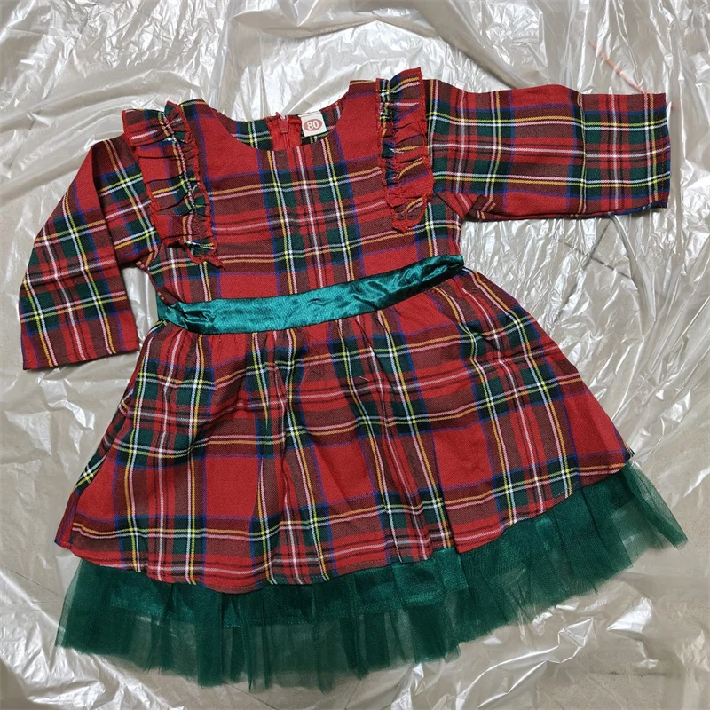 New Girls Christmas Day Dresses Kids Fashion Bow Long Sleeve Plaid Mesh Puff Skirt Children Trend Party Performance Clothes  345