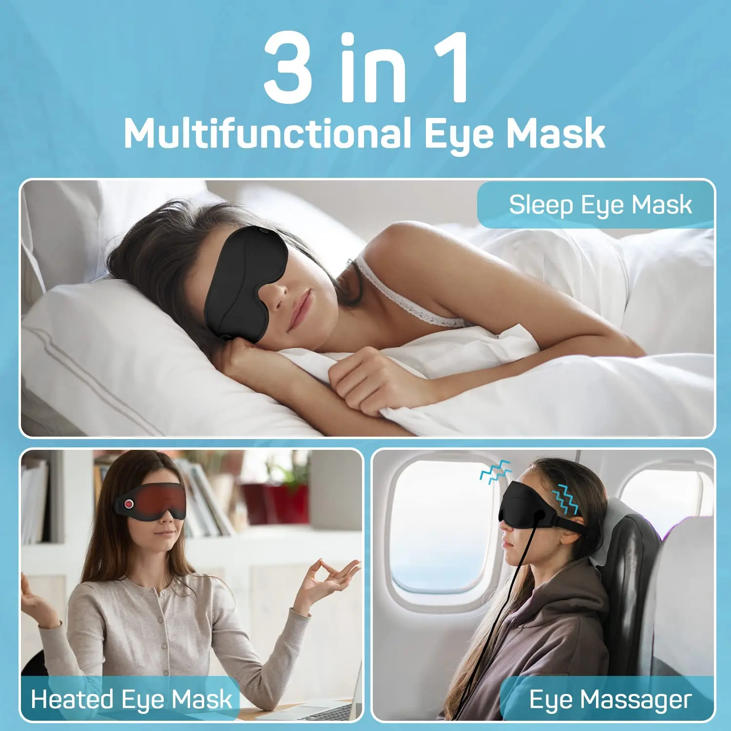 3 in 1 Heated Massage Eye Mask 3D Hot Compress Eye Massager for Sleep, Dry Eyes, Tired Eyes 3 Vibration Mode,Timer Control