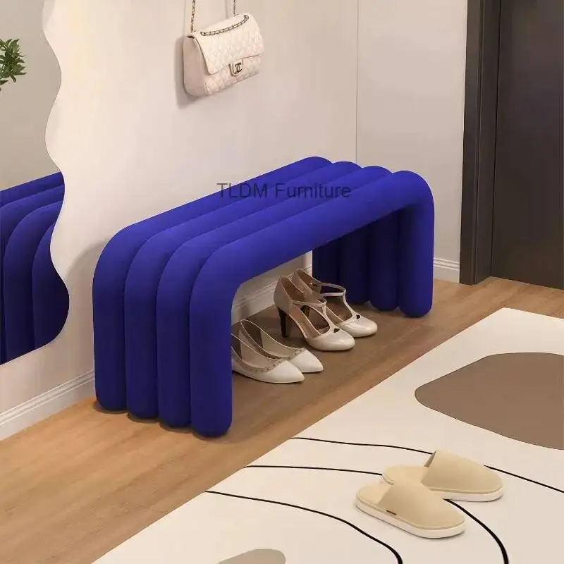 Modern Minimalist Entryway Bench - Geometric Tube Design, Upholstered Shoe Bench with Open Storage for Living Room Bedroom