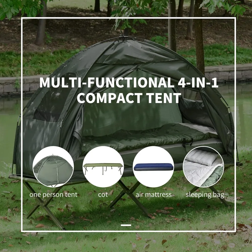 Elevated Tent with Sleeping Bag, Folding Camping Cots for Adults, Thick Air Mattress Pad, Portable Single Cot Camping Bed