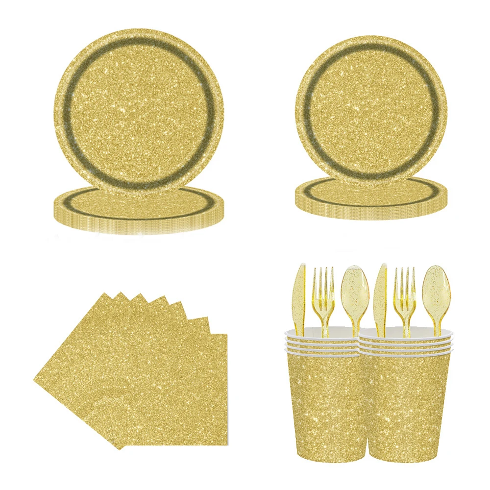 Golden birthday party one-time tableware set classic birthday party paper tray paper towel paper cup knife, fork and spoon decor