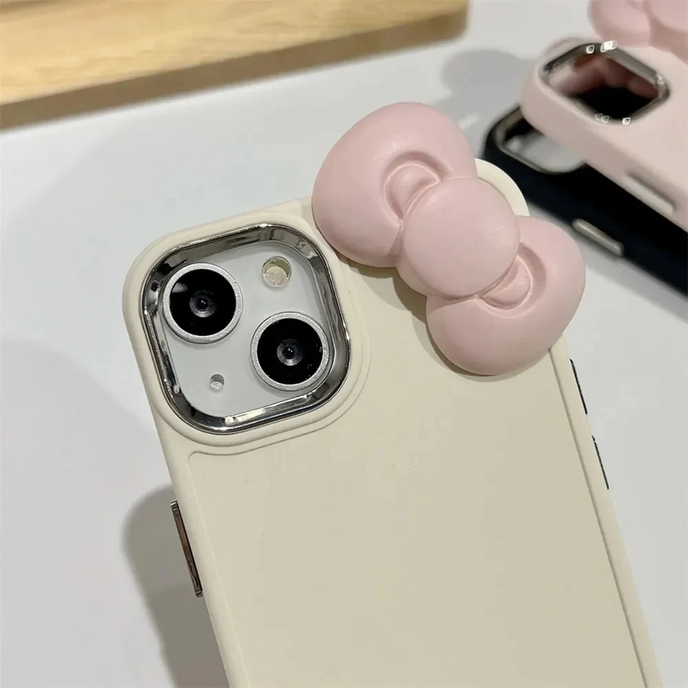 Korean Cute 3D Pink Bowknot Phone Case For iPhone 16 15 14 13 12 11 Pro Max X Soild Color Shockproof Soft Silicone Luxury Cover